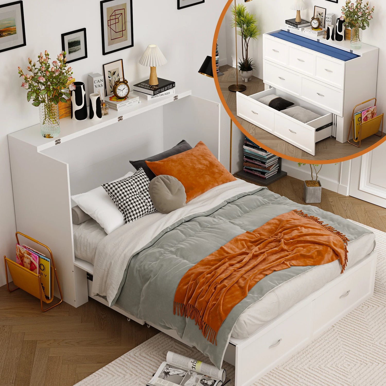 OXYLIFE Murphy Bed, 2 in 1 Convertible Chest Bed Cabinet with Drawer and USB Charging Station for Bedroom, Full Size - My Store
