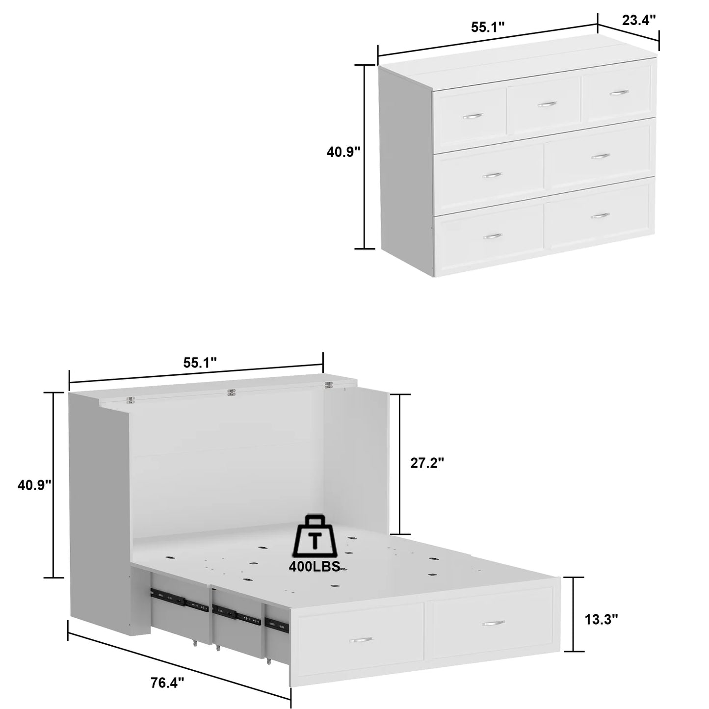 OXYLIFE Murphy Bed, 2 in 1 Convertible Chest Bed Cabinet with Drawer and USB Charging Station for Bedroom, Full Size - My Store