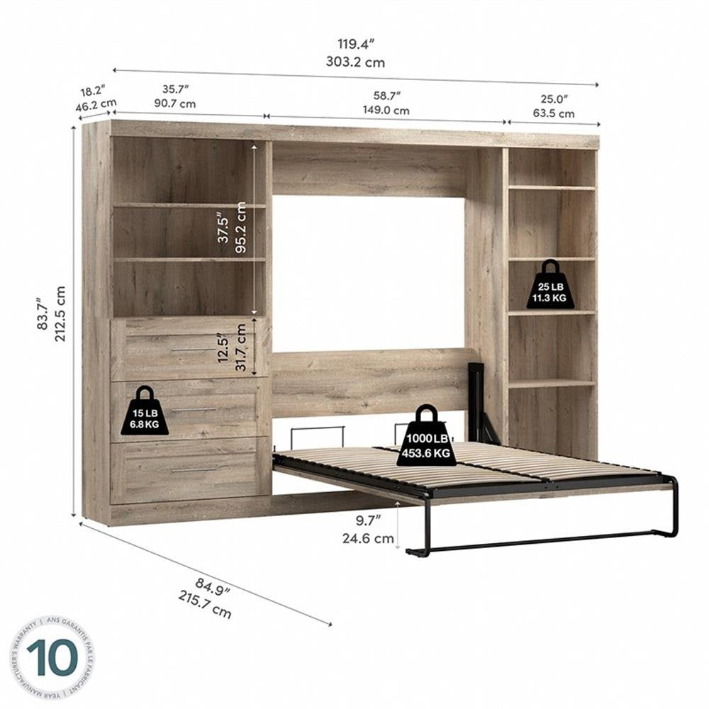 Pemberly Row Full Murphy Bed with Shelving and Drawers (120W) in Rustic Brown - My Store