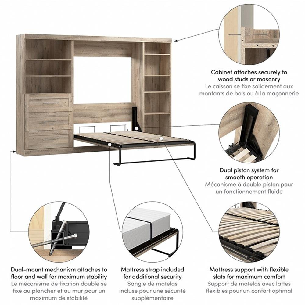 Pemberly Row Full Murphy Bed with Shelving and Drawers (120W) in Rustic Brown - My Store