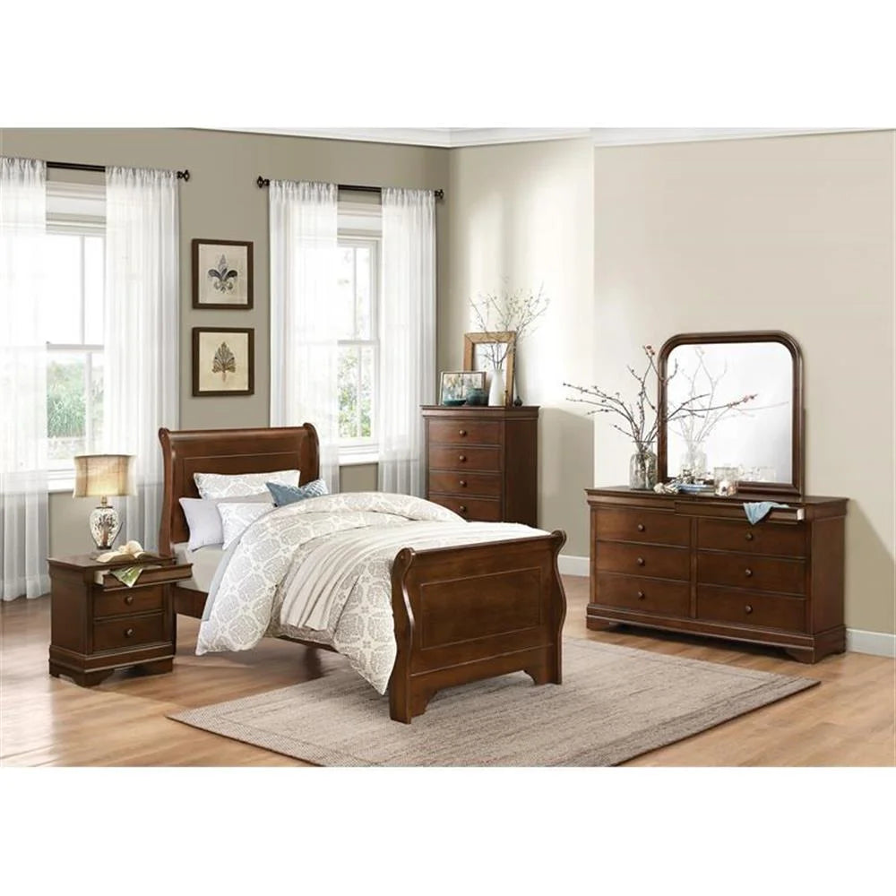 Pemberly Row Traditional Wood Twin Sleigh Bed in Brown Cherry - My Store